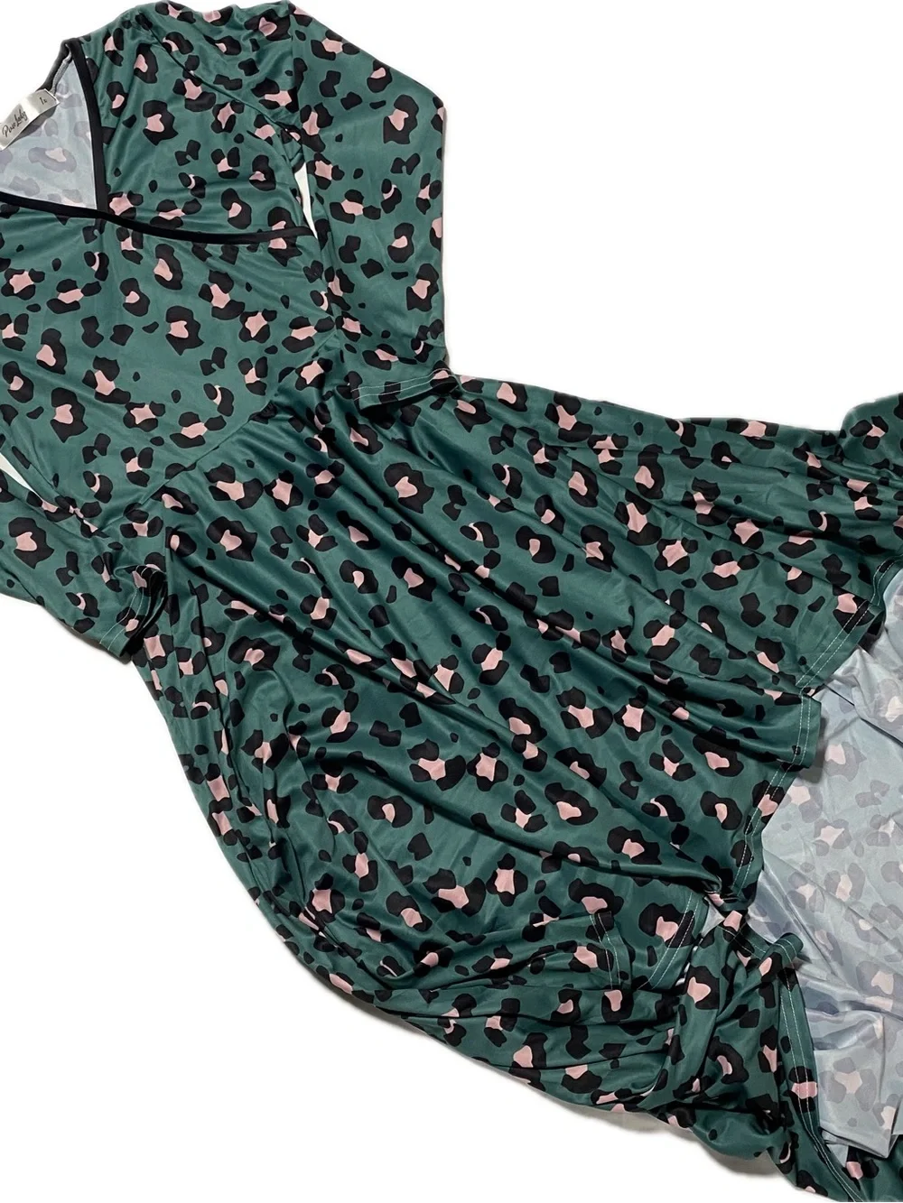 Women’s Green High-Low Dress with Pink & Black Leopard Print